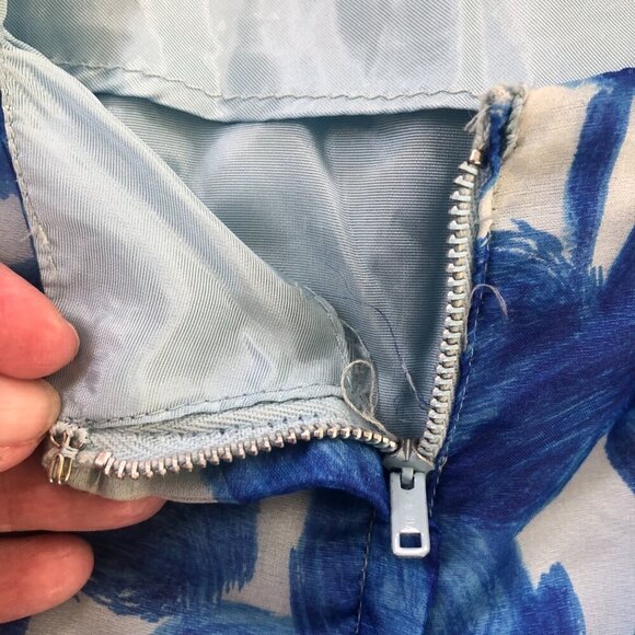 Vintage 60s Party Cocktail Sheath Dress Small Blue Floral Chiffon Swing Mad Men - Picture 7 of 13